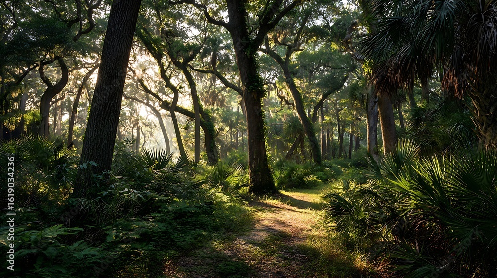 Early sunlight spills through trees, casting elongated shadows across the peaceful coastal woodland Early sunlight spills through trees, casting elongated shadows across the peaceful coastal woodland