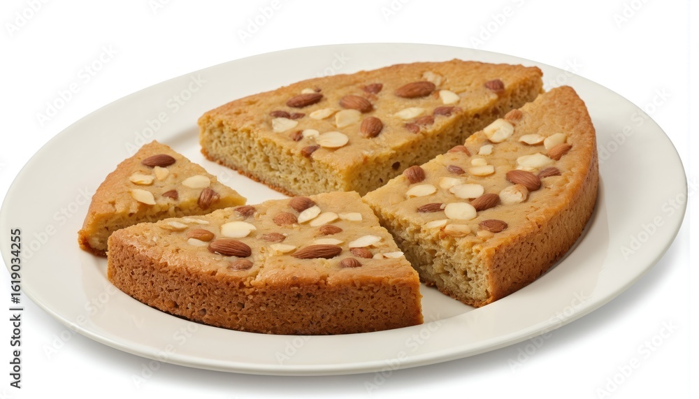 Delicious Egyptian basbousa cake slices on white plate. Diamond-cut pieces topped with almonds. Sweet semolina pastry, baked dessert, ideal for breakfast, tea time or celebrations. Delicious Egyptian basbousa cake slices on white plate. Diamond-cut pieces topped with almonds. Sweet semolina pastry, baked dessert, ideal for breakfast, tea time or celebrations.