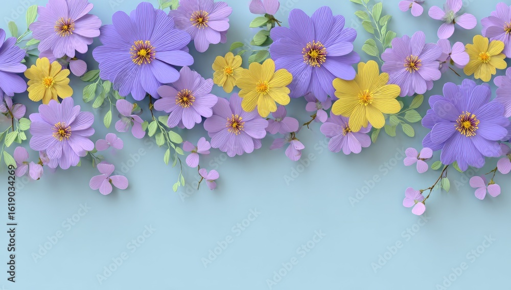 Naklejka premium Paper Flowers Border, Pastel, Spring, Blue Background, Craft