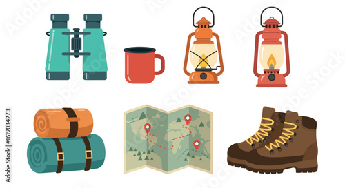 Outdoor camping gear set: lanterns, binoculars, map, boots, mug, sleeping bags