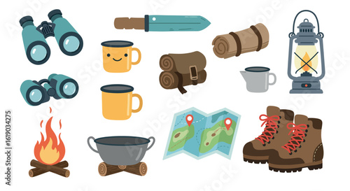 Camping essentials: gear and equipment set with flat design icons