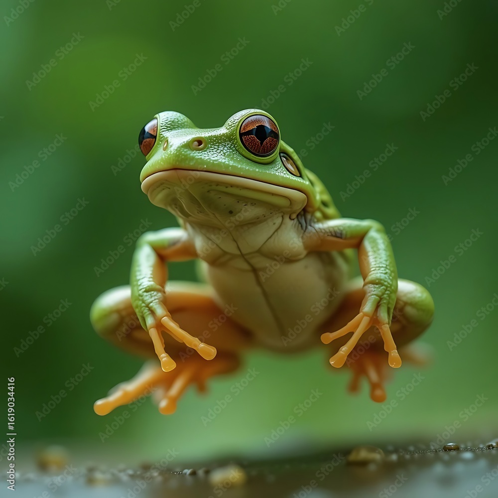 Fototapeta premium Green Tree Frog Leaping in Natural Habitat with Blurred Background