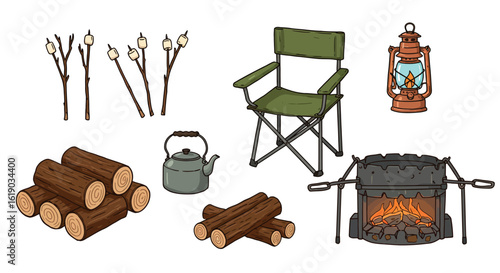 Camping essentials set with campfire, chair, kettle, lantern, and marshmallows
