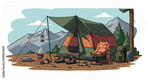 Scenic camping adventure with tent and mountains in nature
