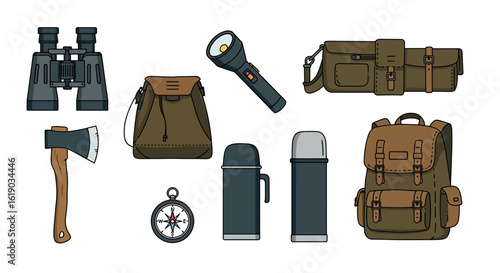 Camping equipment collection featuring backpack, compass, and flashlight