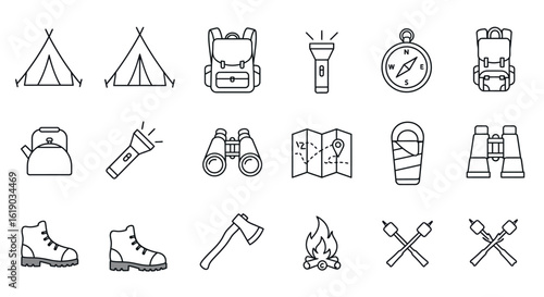 Camping gear icons: linear camping equipment collection for outdoor adventures