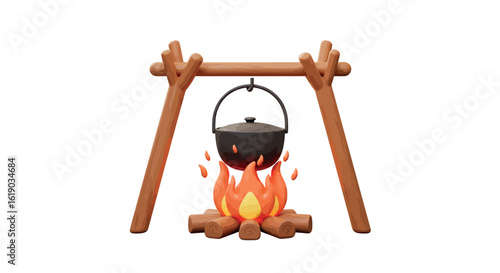 Rustic campfire cooking with tripod and pot over flames
