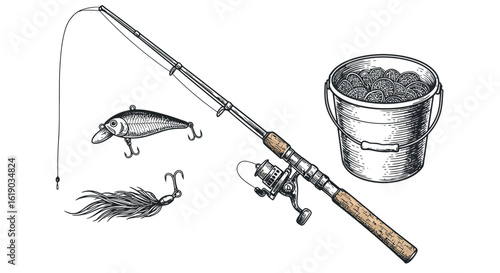 Vintage fishing equipment: rod, lures, and bait bucket sketch