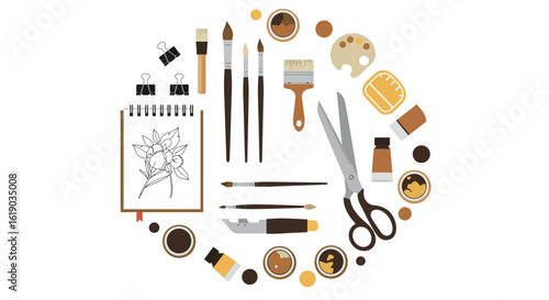 Creative art tools arranged in circle featuring paintbrushes, palette, and sketchbook for artistic inspiration