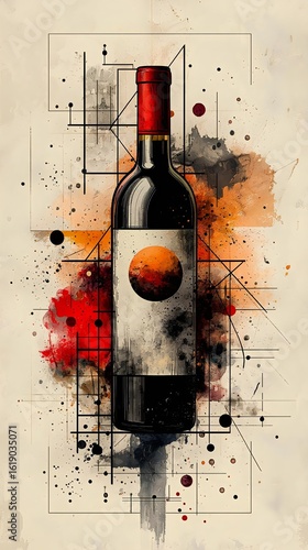 Artistic wine bottle illustration featuring abstract shapes, vibrant colors, and creative splashes that enhance the design's modern appeal.