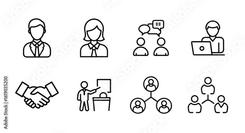 Communication outline icon set with phone call, chat bubble, email, video call, megaphone, speech bubble, messaging app, signal tower, and headset, thin line style.
