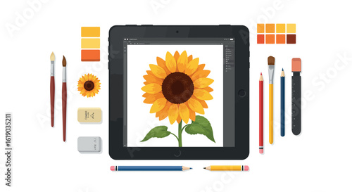 Digital art creation with sunflower on tablet surrounded by painting tools and color swatches