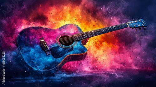 A vibrant, artistic depiction of an acoustic guitar against a cosmic background, showcasing stunning colors and an energetic atmosphere.