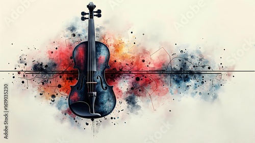 A beautiful watercolor illustration of a violin surrounded by colorful splashes, showcasing art and musical themes in a vibrant composition.