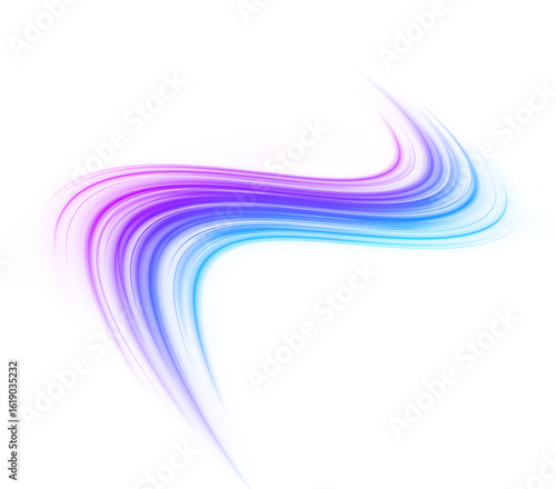 Liquid swirl and twirling line with dynamic water spray. Neon glow, air motion, flowing curve, blurred wave and cyberspace speed in vibrant abstract background.