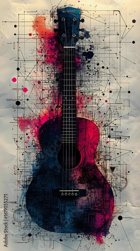 A vibrant, artistic representation of an acoustic guitar, blending colors and geometric designs, symbolizing creativity and music.