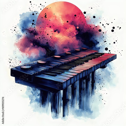 A vibrant watercolor illustration of a xylophone against a cosmic background, showcasing musical creativity and artistic expression.