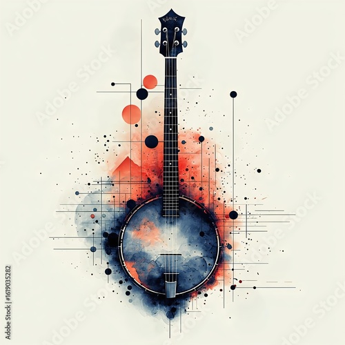 Artistic illustration of a banjo surrounded by vibrant watercolor splashes and geometric shapes, perfect for music lovers and art enthusiasts.