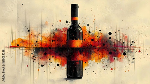 A dynamic artistic representation of a wine bottle with vibrant orange and black splashes, symbolizing creativity and passion for wine.