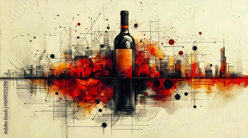 A vibrant artistic depiction of a wine bottle set against a colorful urban backdrop with abstract shapes and splashes of color.