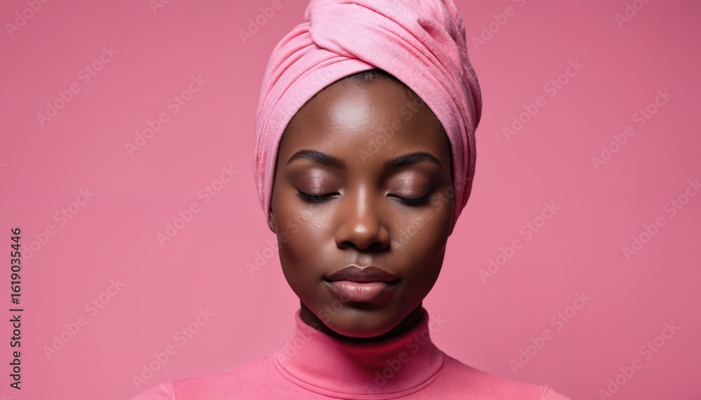 © miss irine - Young African American woman with closed eyes wears pink headscarf, turtleneck. Serene expression, flawless makeup convey strength, beauty during cancer battle. Pink background supports breast cancer © miss irine - Young African American woman with closed eyes wears pink headscarf, turtleneck. Serene expression, flawless makeup convey strength, beauty during cancer battle. Pink background supports breast cancer
