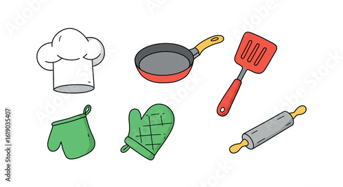 Colorful cooking tools: chef hat, skillet, spatula, oven mitts, and rolling pin