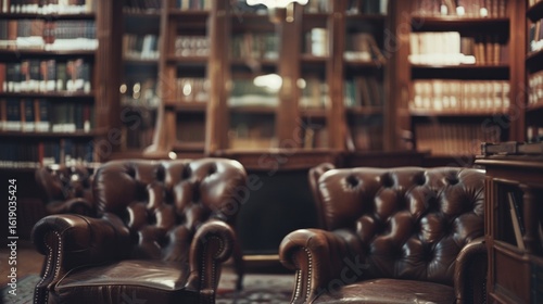 Luxury leather armchairs in a library setting