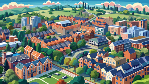 An aerial view of Ealing, a residential area in western part of London shows leafy streets, rooftops, and calm parks. Semi-realistic vector style captures soft light and urban greenery.