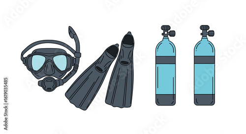 Diving equipment illustration: snorkel, fins, scuba tanks in flat design