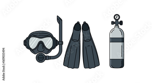Diving gear set: mask, snorkel, fins and air tank in flat design