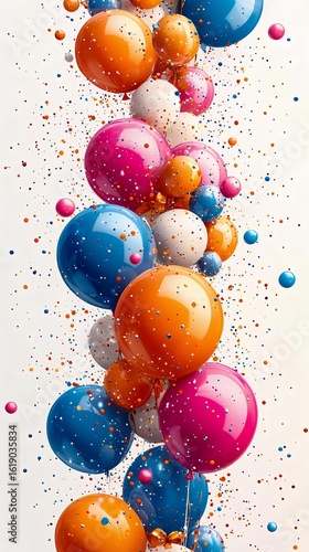 Vibrant balloon clusters with confetti on a light background, perfect for celebrations, parties, and festive occasions, radiating joy and excitement.