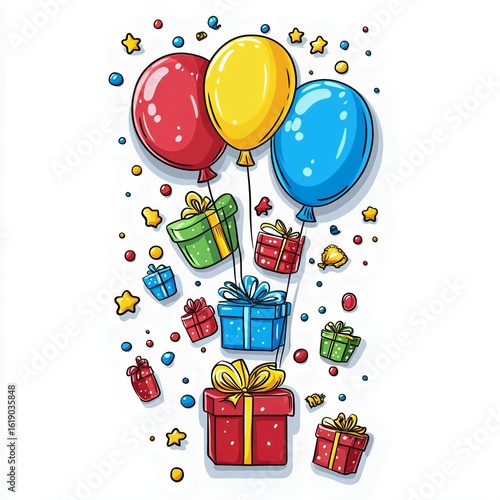 Festive cartoon illustration of colorful balloons and presents, perfect for birthday celebrations or party invitations. Fun and cheerful design!