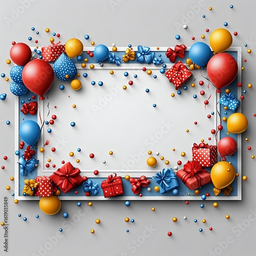 A festive frame decorated with colorful balloons, gifts, and confetti for celebrations like birthdays or parties, perfect for custom invitations.