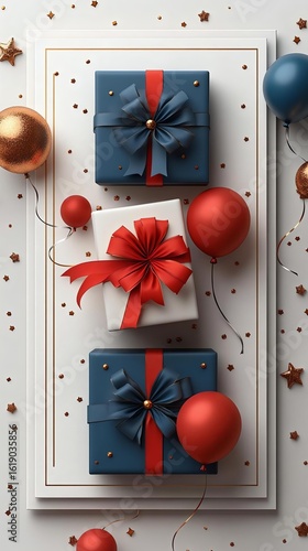 Festive arrangement of beautifully wrapped gifts with ribbons, balloons, and golden stars, perfect for celebrations and special occasions.