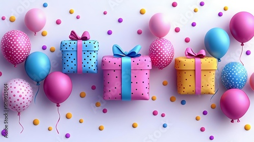 Colorful gift boxes and balloons create a festive atmosphere, perfect for celebrations and parties.