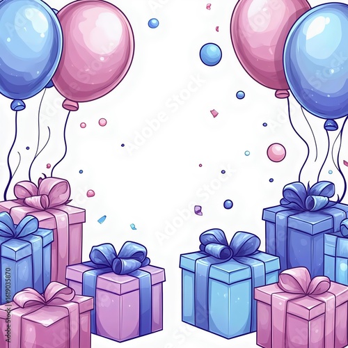 Colorful illustration of pink and blue balloons with festive gifts. Perfect for birthday invitations or celebration designs.