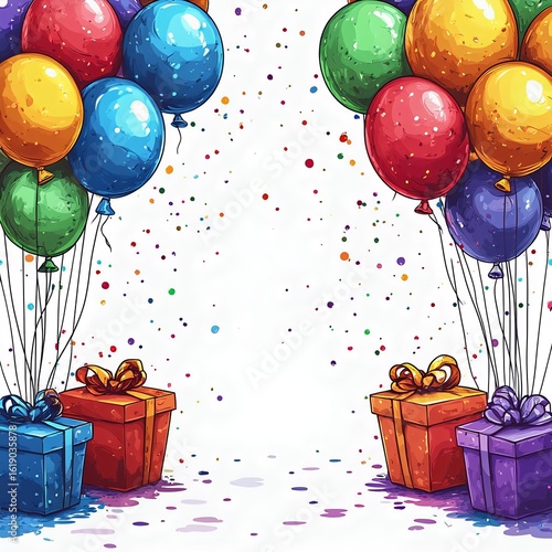 A vibrant illustration of colorful balloons and gift boxes, perfect for celebration themes and party invitations.