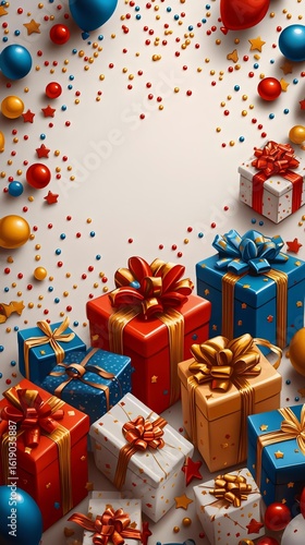 Colorful gift boxes with ribbons and balloons create a festive atmosphere perfect for celebrations, birthdays, or holidays. Bright and cheerful imagery.