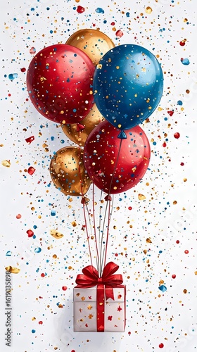 Festive celebration image featuring colorful balloons and a gift box with a bow, creating a joyful party atmosphere.