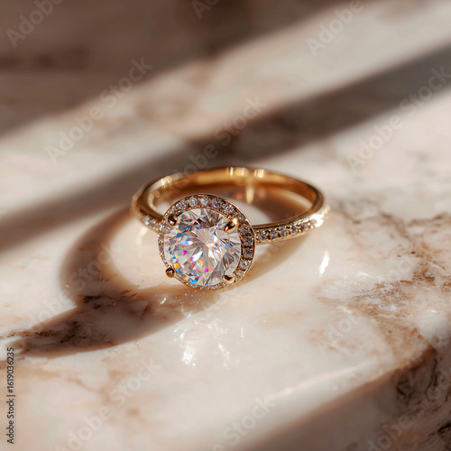 Gold Diamond Ring on Marble Surface