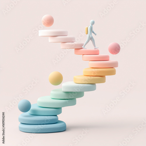 Figure Ascending Pastel Stairs with Spheres, 3D Render
