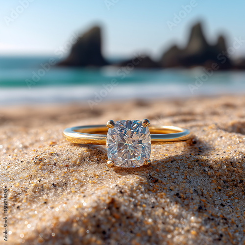 Gold Ring with Diamond on Sandy Beach