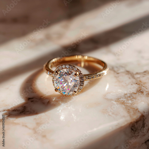 Gold Ring with Diamond on Marble