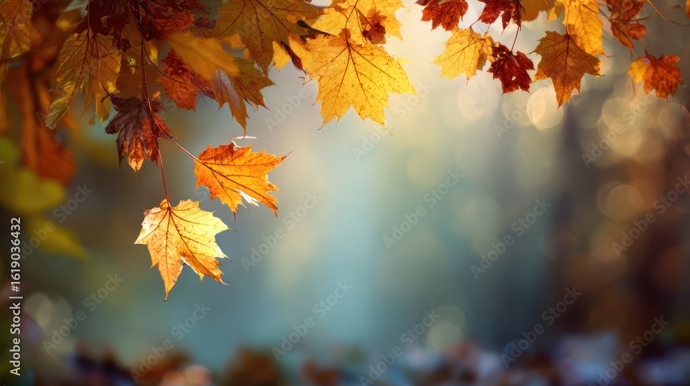 Colorful autumn leaves hang framing a scenic background of blurred trees and soft light Colorful autumn leaves hang framing a scenic background of blurred trees and soft light