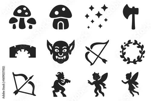 Fantasy, mythology solid icon set: mystical creatures, objects solid collection