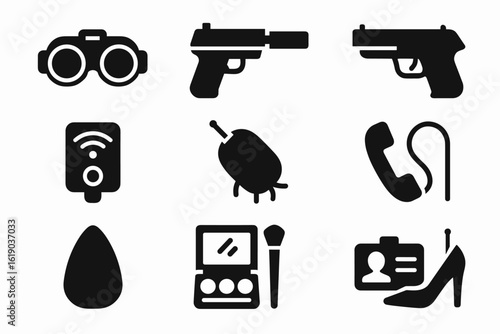 Spy, espionage silhouette icon set. covert tools, gadgets, communication silhouette icons