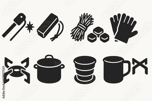 Camping equipment solid icon set: cooking essentials, fire starters, outdoor gear