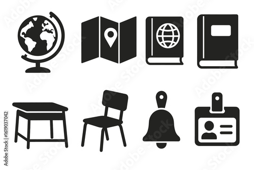 Education and learning solid icon set. school, classroom, books, and map icons