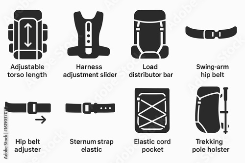 Camping gear solid icon set. adjustable backpack and hiking accessory icons.