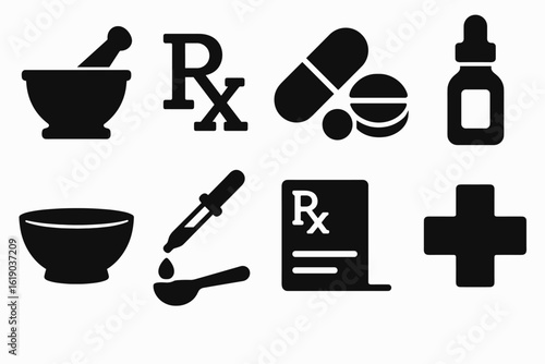 Pharmacy and medicine solid icon set. healthcare, prescription visuals collection